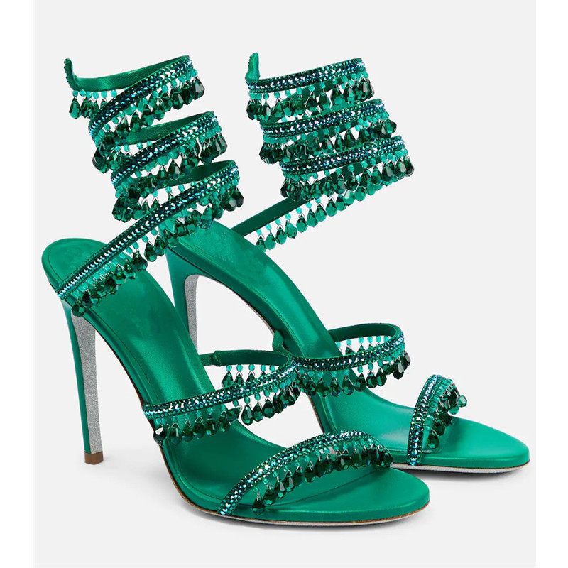 Leather Work Heels - Sexy Green Crystal Fringe Stiletto Sandals
