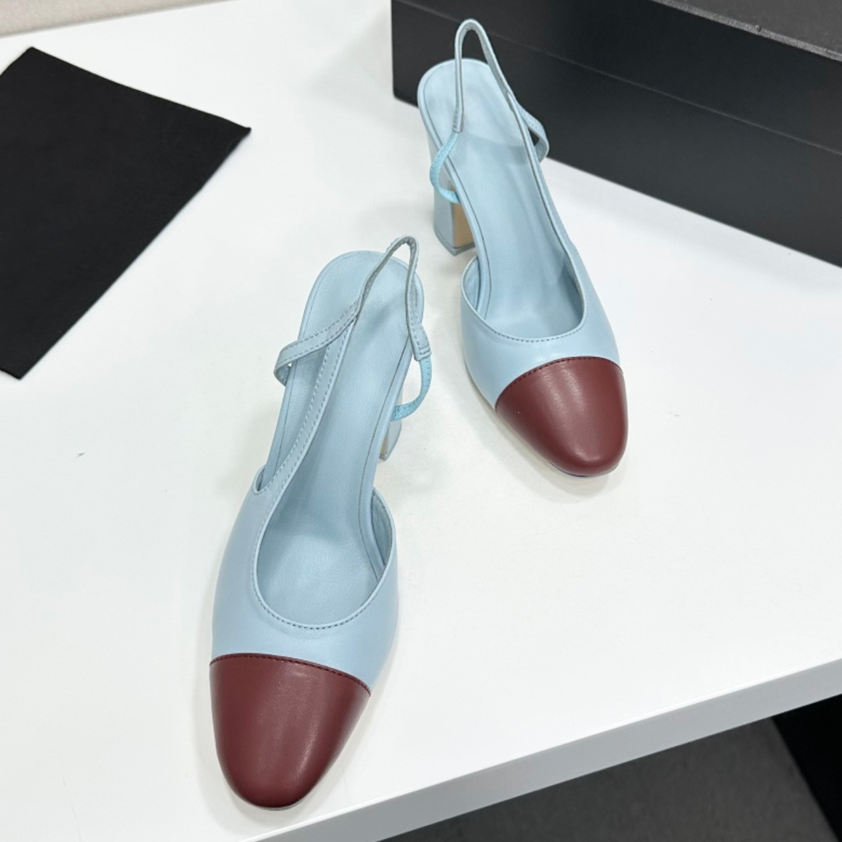 Leather Work Heels - 2026 Women's Two-Tone Slingback Block Heel