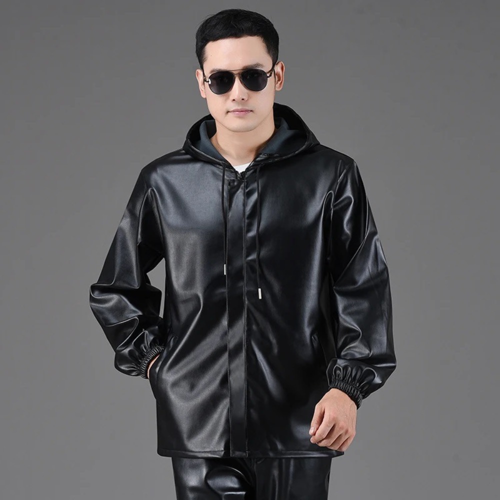 Leather Work Overalls - Men's spring and autumn overalls hooded,