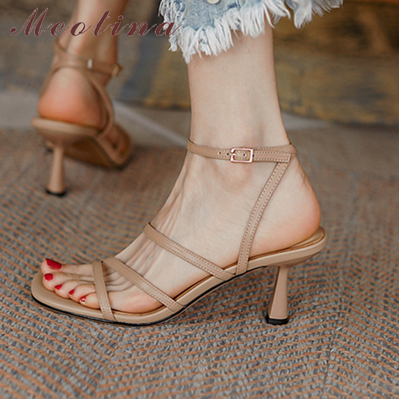 Leather Work Heels - Meotina Sandals Women Shoes Square Ankle
