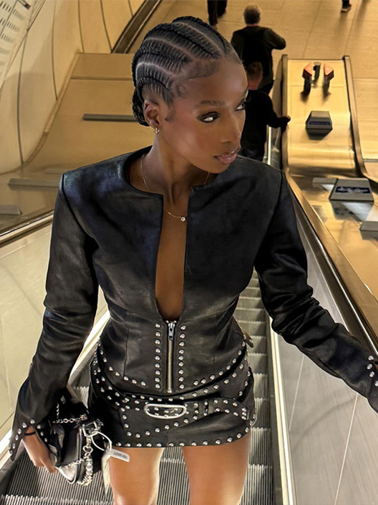 Y2k Leather Skirt Set Women Ri - огляд і ціна Leatherwork Rivets