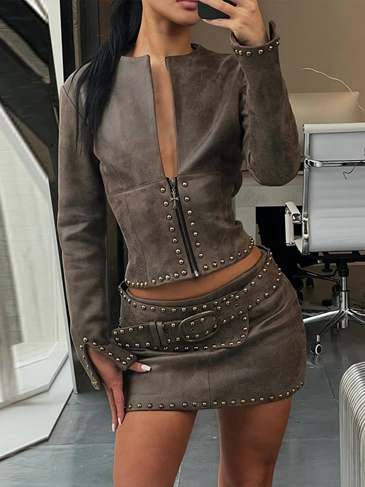 Y2k Leather Skirt Set Women Ri - огляд і ціна Leatherwork Rivets